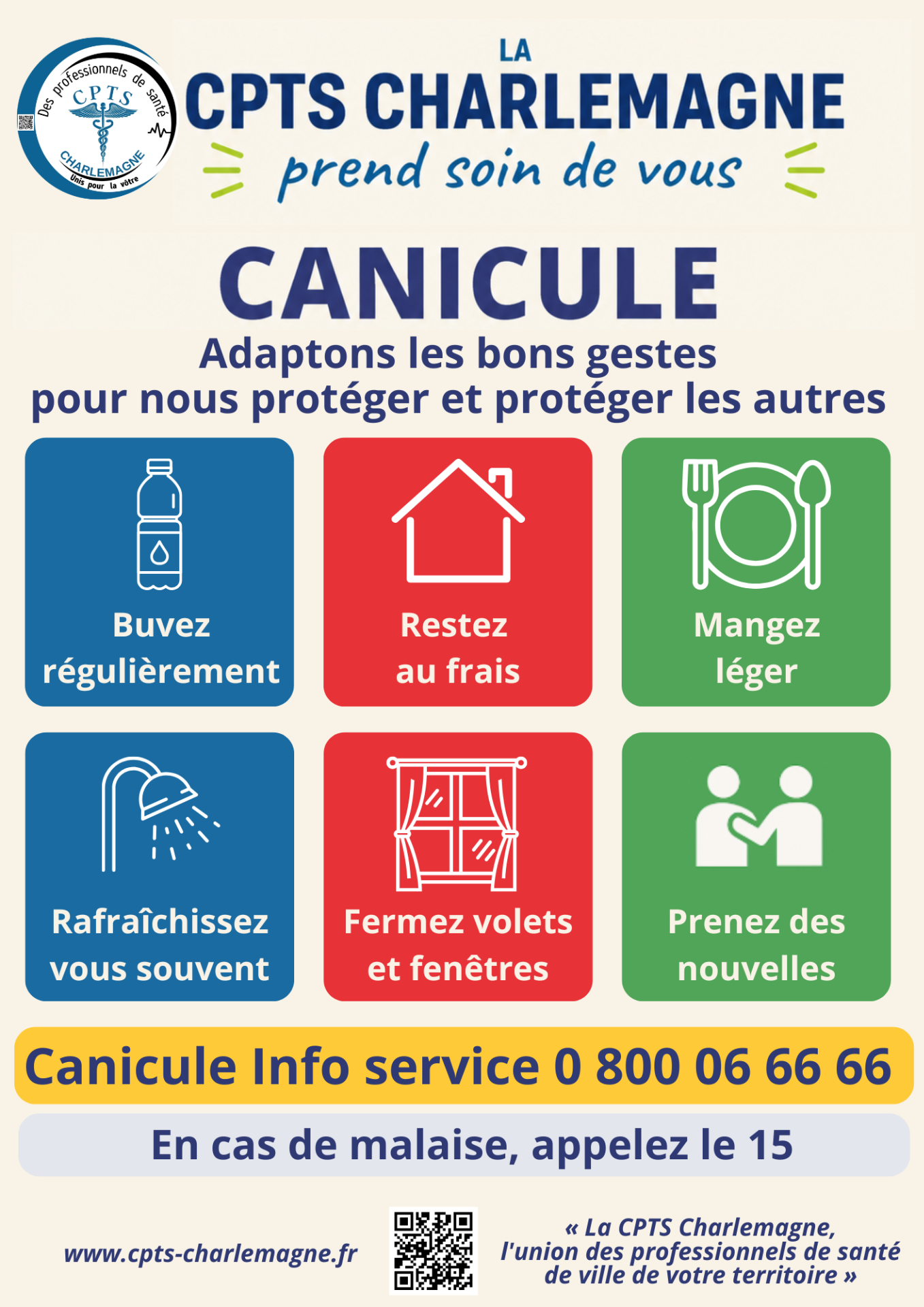 Affiche de prévention canicule de la CPTS Charlemagne avec les recommandations essentielles pour se protéger des fortes chaleurs : s'hydrater, rester au frais et veiller sur les personnes fragiles.
